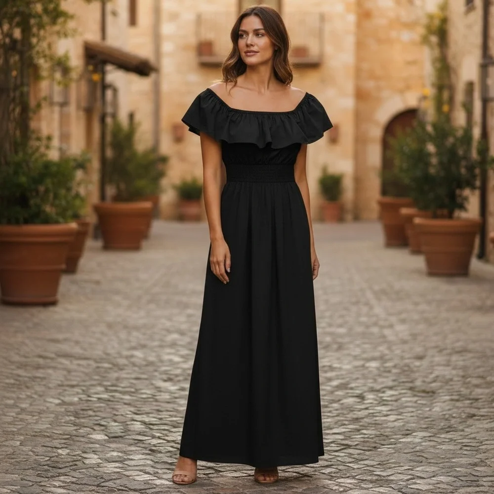 ❤️ NWT! Old Navy Black Smocked Waist Off the Shoulder Maxi Dress - Picture 10 of 10